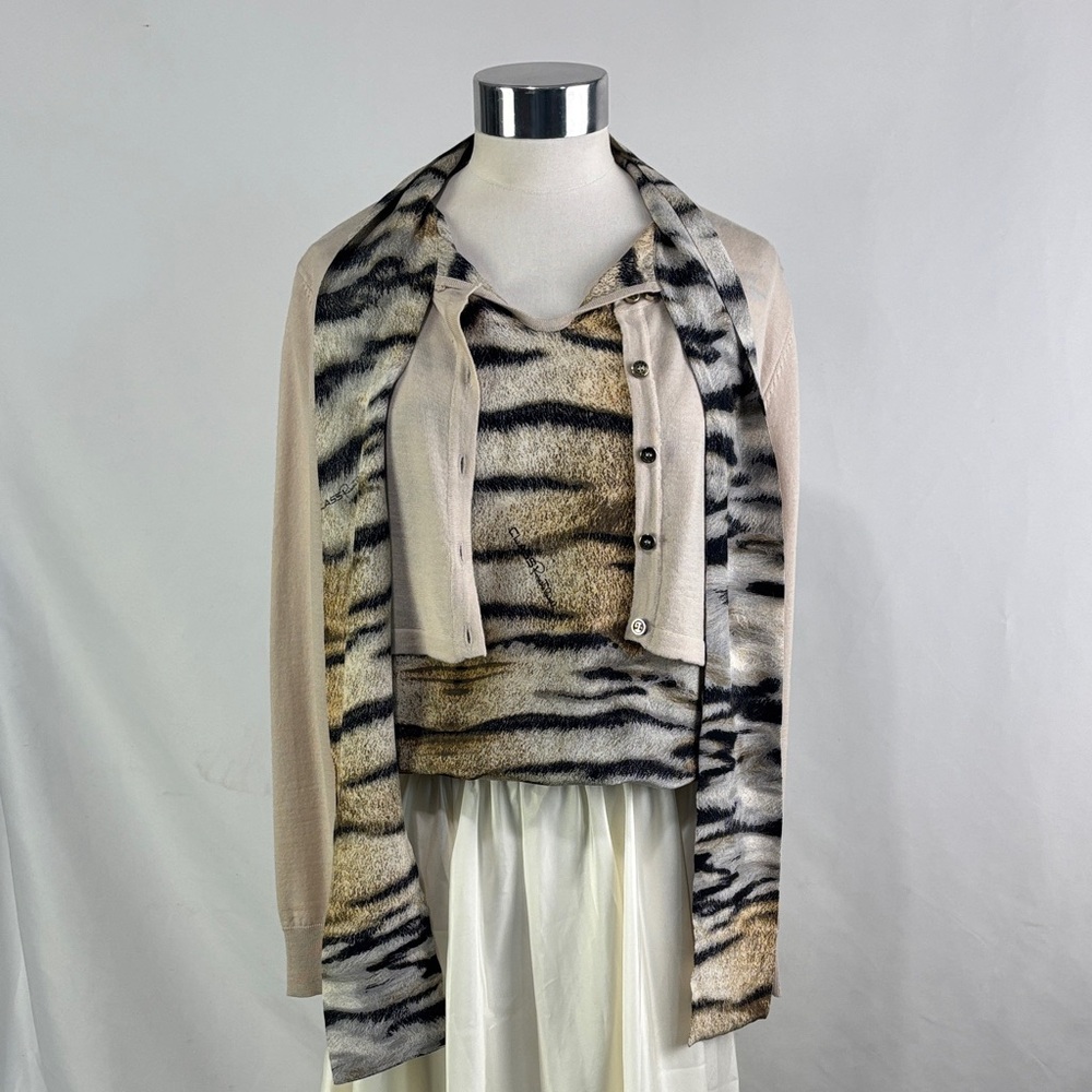 Roberto Cavalli Tan Animal Tie Neck Layered Top